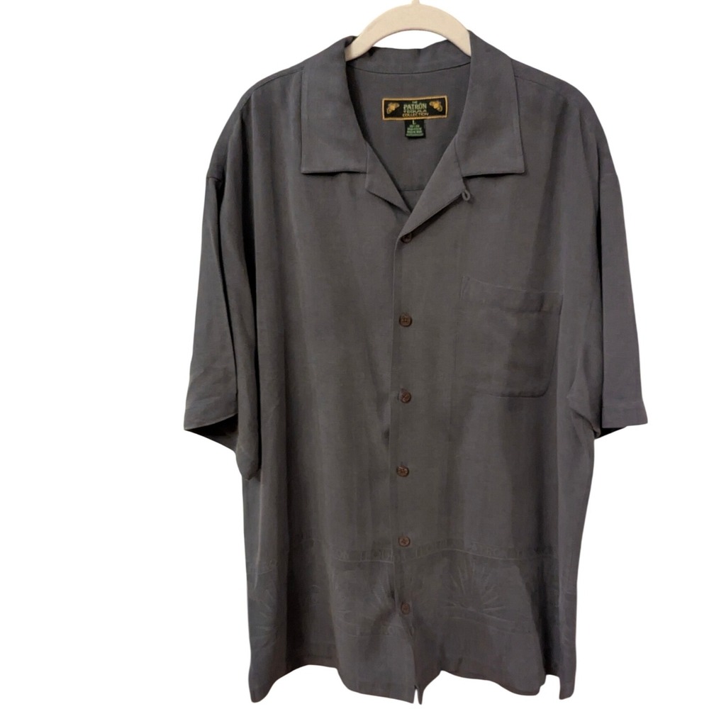 Patron‎ Tequila Collection Silk Button Down Shirt Mens L Gray Short Sleeve